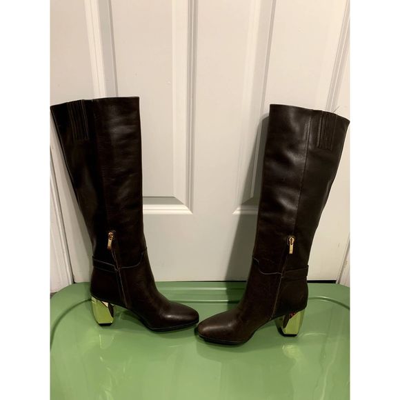 Franco Sarto Tiera High Brown Leather Boots Gold Faceted Heel Size 7 NWOT - Picture 4 of 8